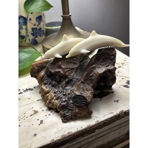 Vintage John Perry Two Marbled Dolphins Swimming Burl Wood Driftwood Sculpture